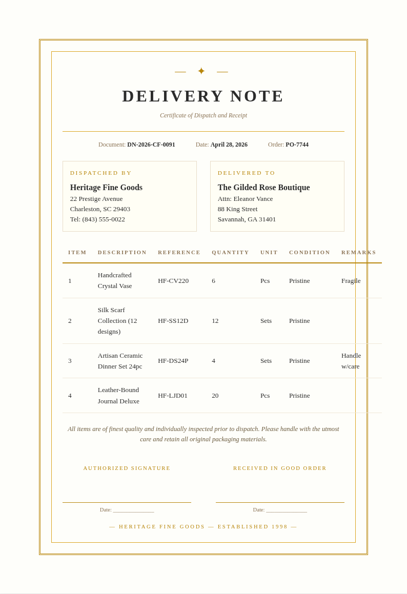 Certificate style formal delivery note